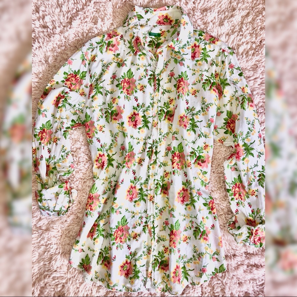 Benetton White Floral Oxford Shirt Top Size: M - Picture 3 of 7